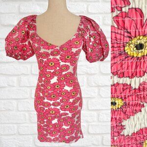 Zara Bodycon Puff Sleeve Smocked Mini Dress Pink Floral Daisies Size Small